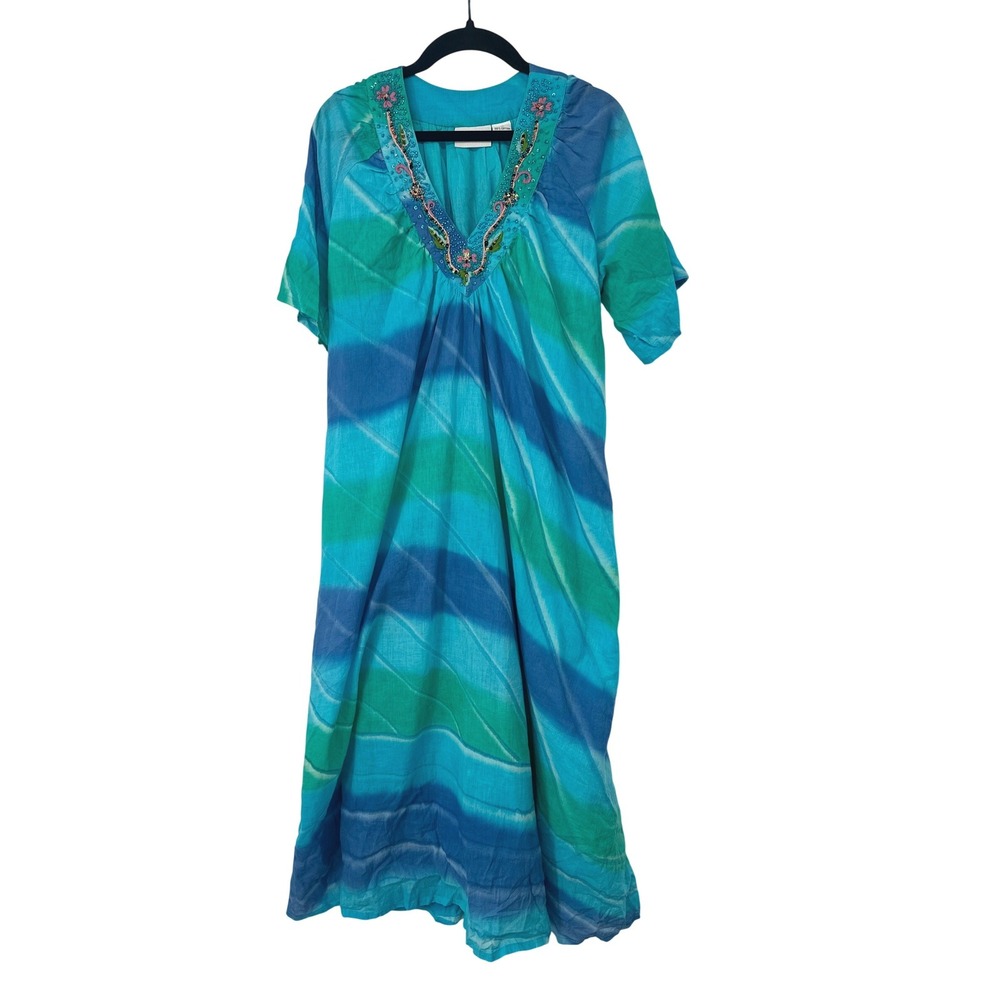 Vermont Country Store Midi Dress Women 1X Blue Tie Dye Embroidered Beaded Boho